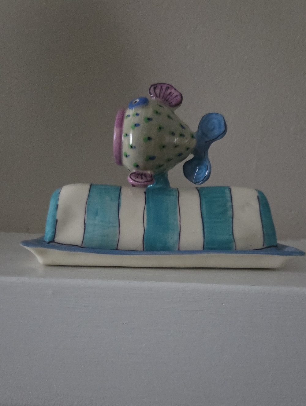 Vintage Artisan Ceramic Butter Dish With Open Mouth Fish Topper